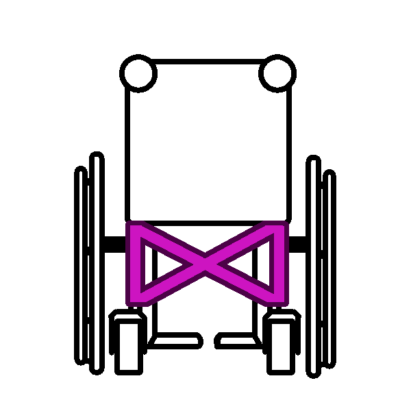 A black and white drawing of a folding wheelchair from behind with its X frame highlighted in pink.